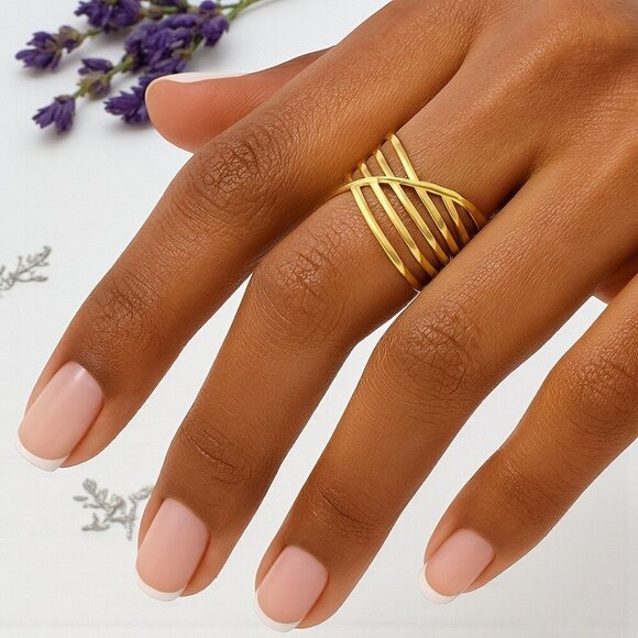 🆕 Modern Chic Crisscross Ring 18K Gold Plated Stainless Steel Adjustable Band - Picture 9 of 14